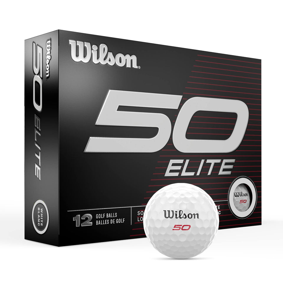 Wilson Fifty Elite golf balls 12-pack in white cover delivering distance and soft feel.