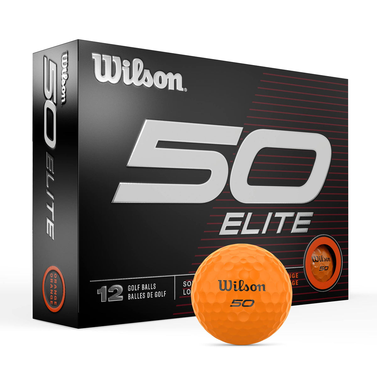 Wilson Fifty Elite orange 12-pack ball with soft feel and stable distance on every shot