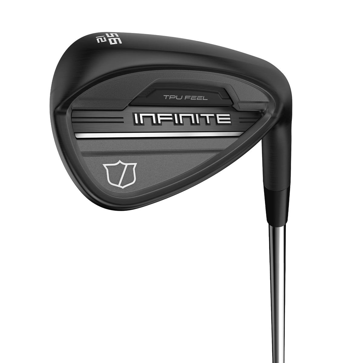 Wilson Staff Infinite left-handed wedge at address with cavity back design for alignment confidence.