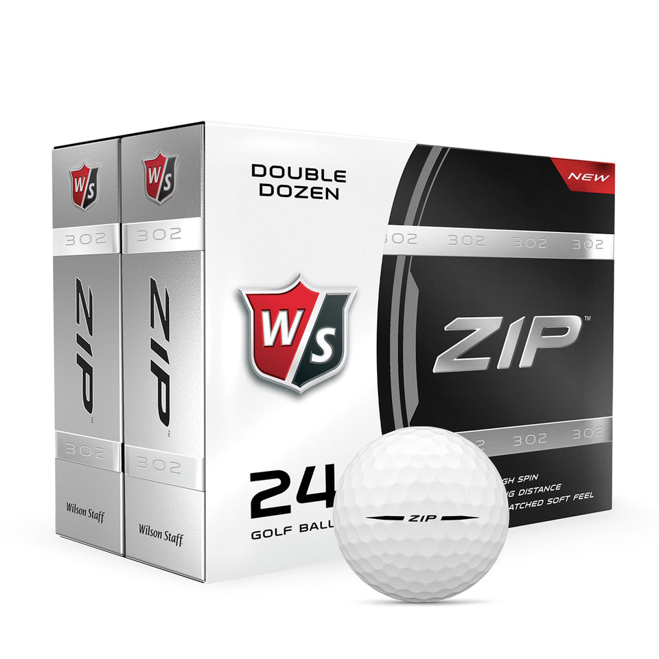 Wilson Staff Zip golf ball, white front view, soft feel and distance potential.
