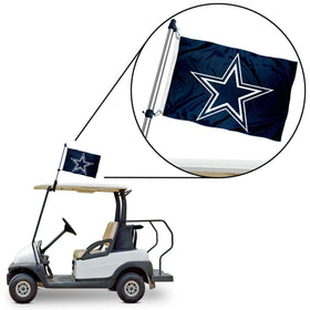 WinCraft golf cart flag set displayed on a porch rail or canopy.