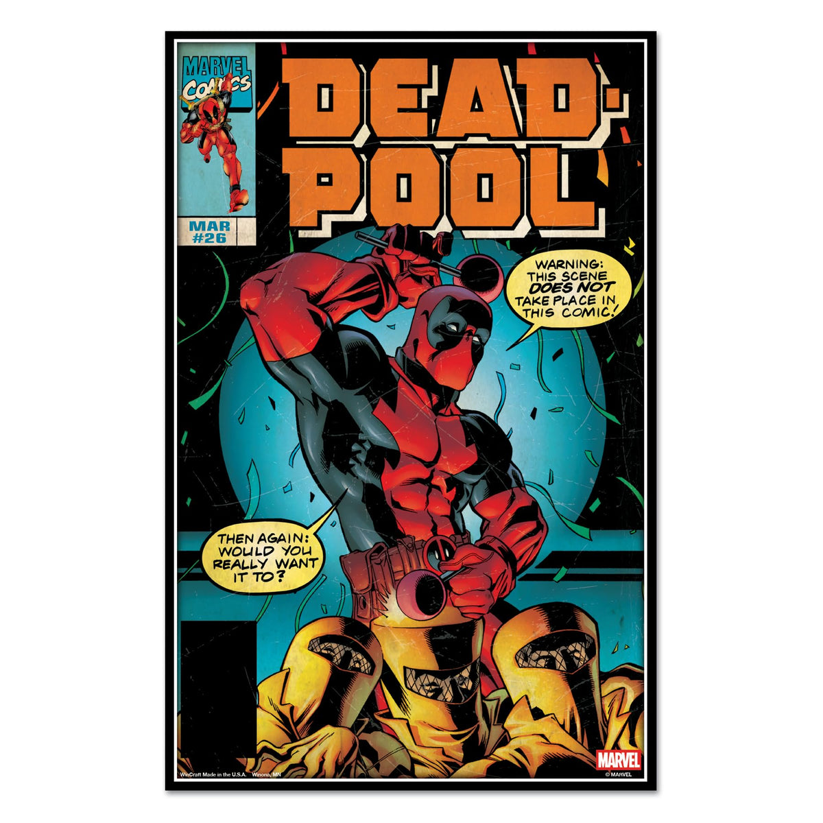 WinCraft Deadpool wood sign 11x17 with antique look, ideal indoor decor for a fan room.
