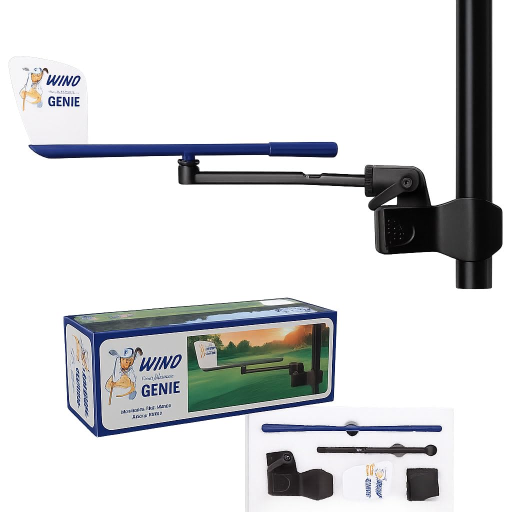 Wind Genie blue wind pointer on a golf cart provides real-time wind reads for smarter shots.