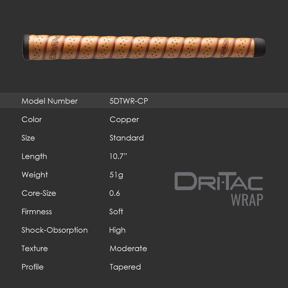 Winn 5DTWR-CP Dri-Tac Wrap precision tapered profile enhances grip accuracy.