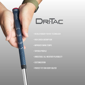 Winn Dri-Tac navy blue grips in hand show soft tack and comfort.