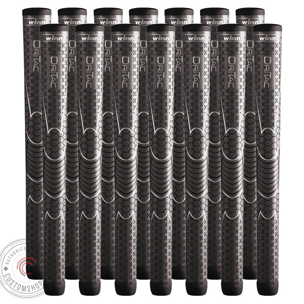 Winn Dri-Tac Oversize AVS Gray golf grip close-up: all-weather non-slip for secure swings