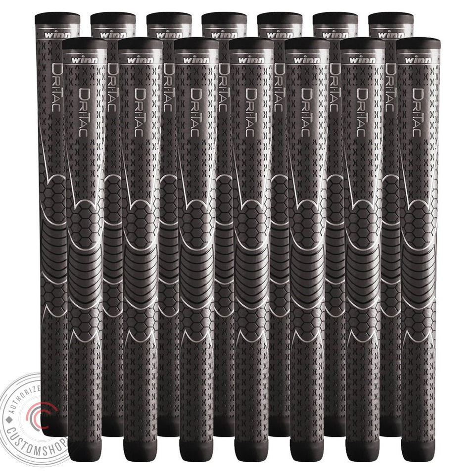 Winn Dri-Tac Oversize AVS Gray golf grip close-up: all-weather non-slip for secure swings