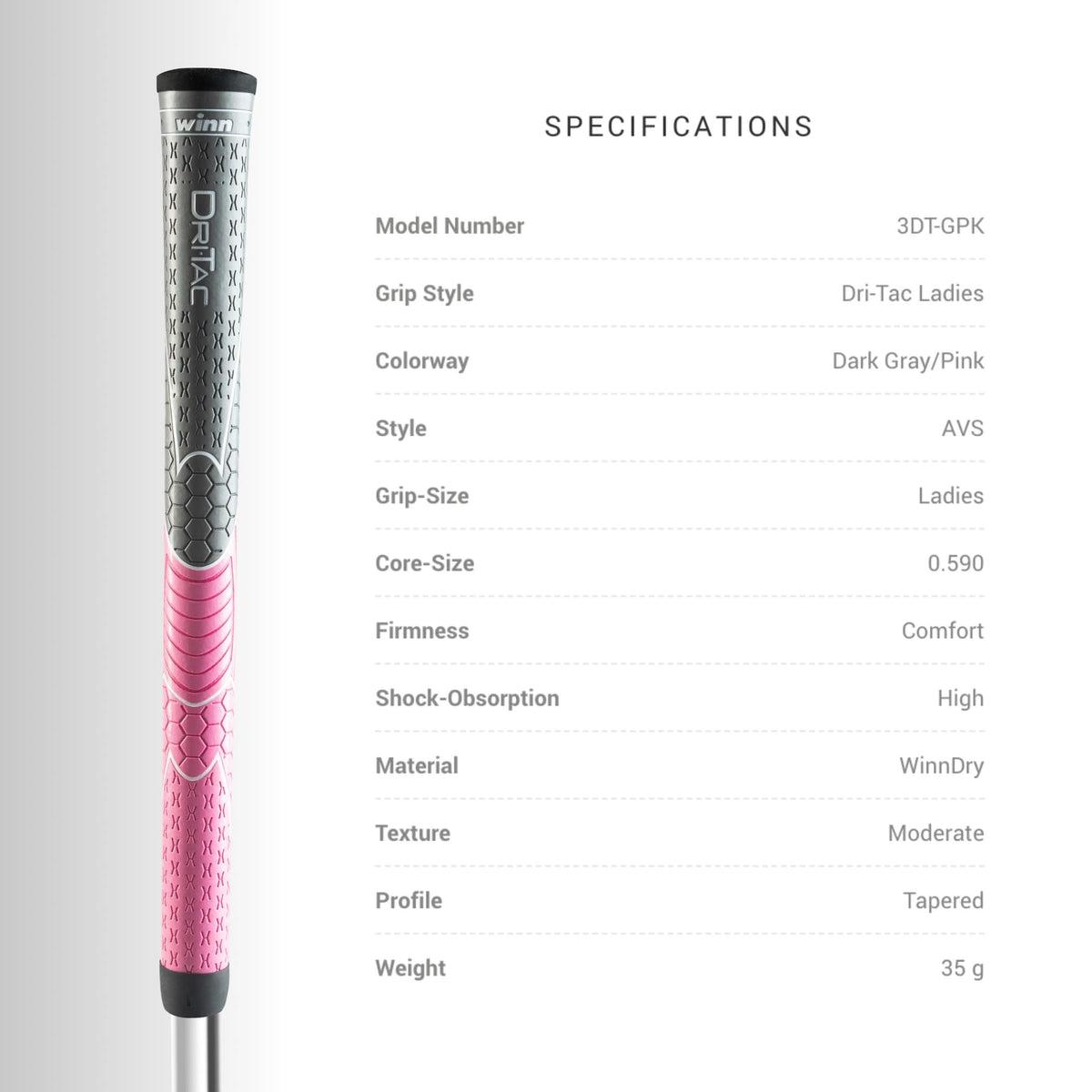 Winn Dri-Tac soft grip with cushion and shock absorption for comfortable swings.