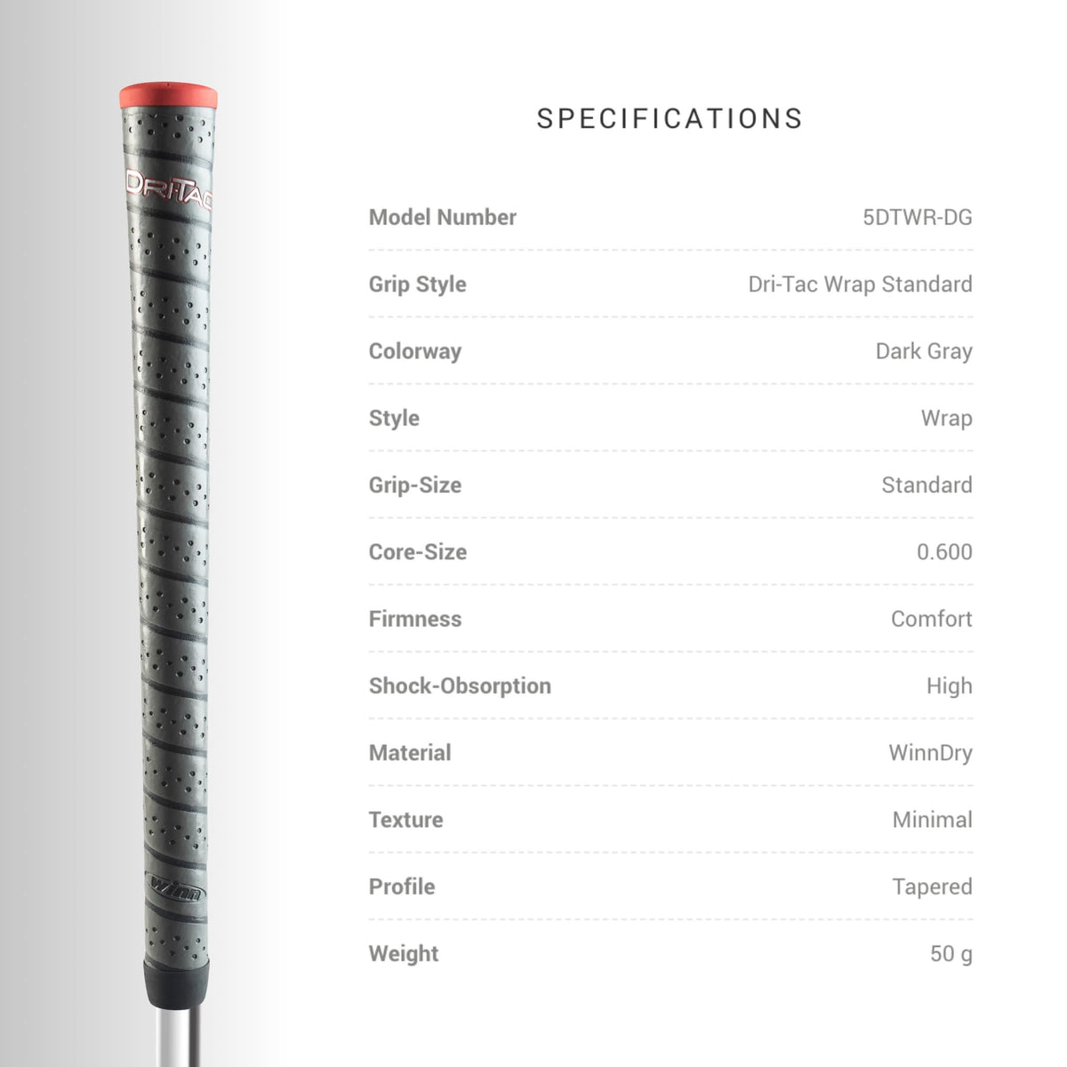 Winn Dri-Tac Wrap close-up, 50-gram weight emphasizing light feel.