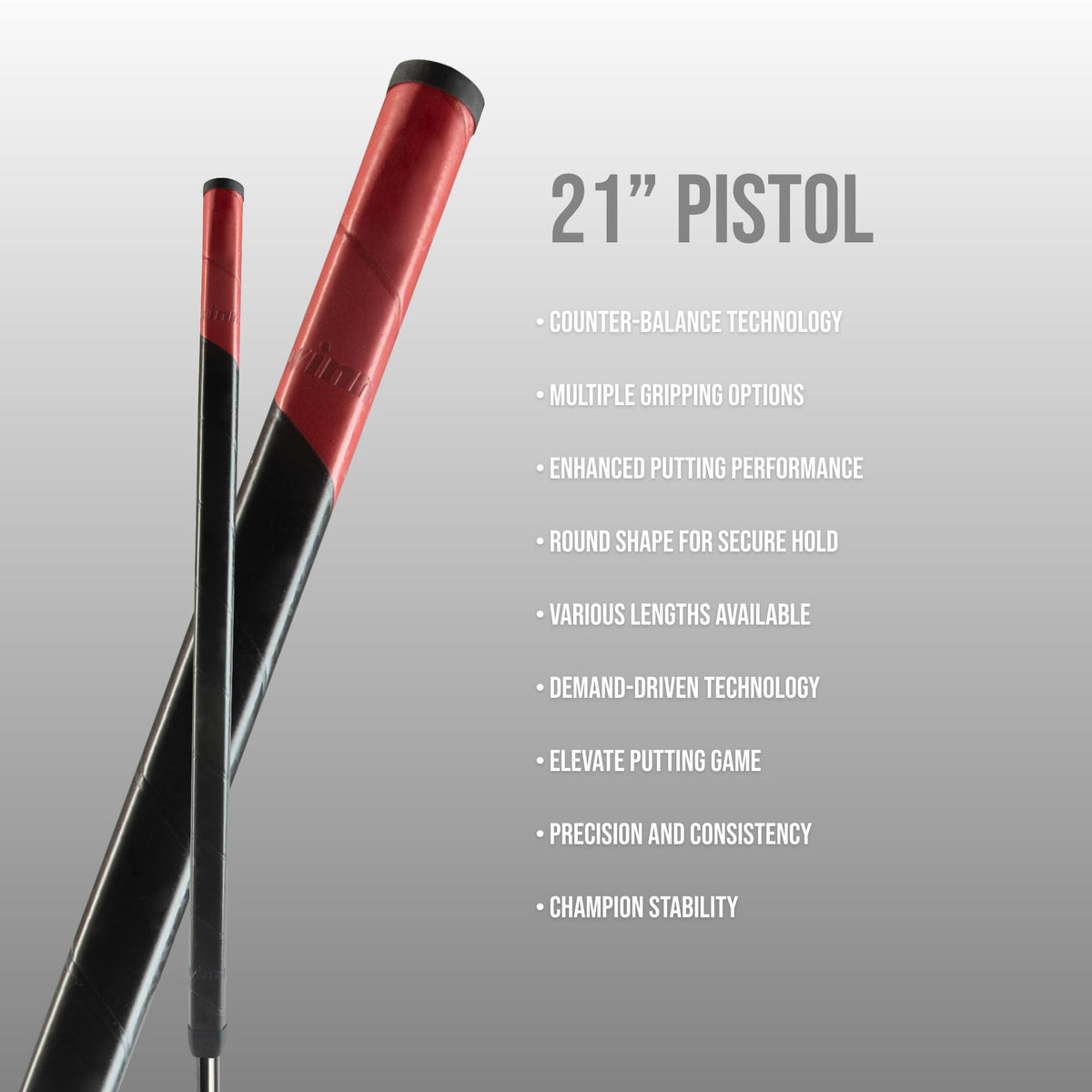 Winn 21-inch length offers stability for longer putter setups on greens