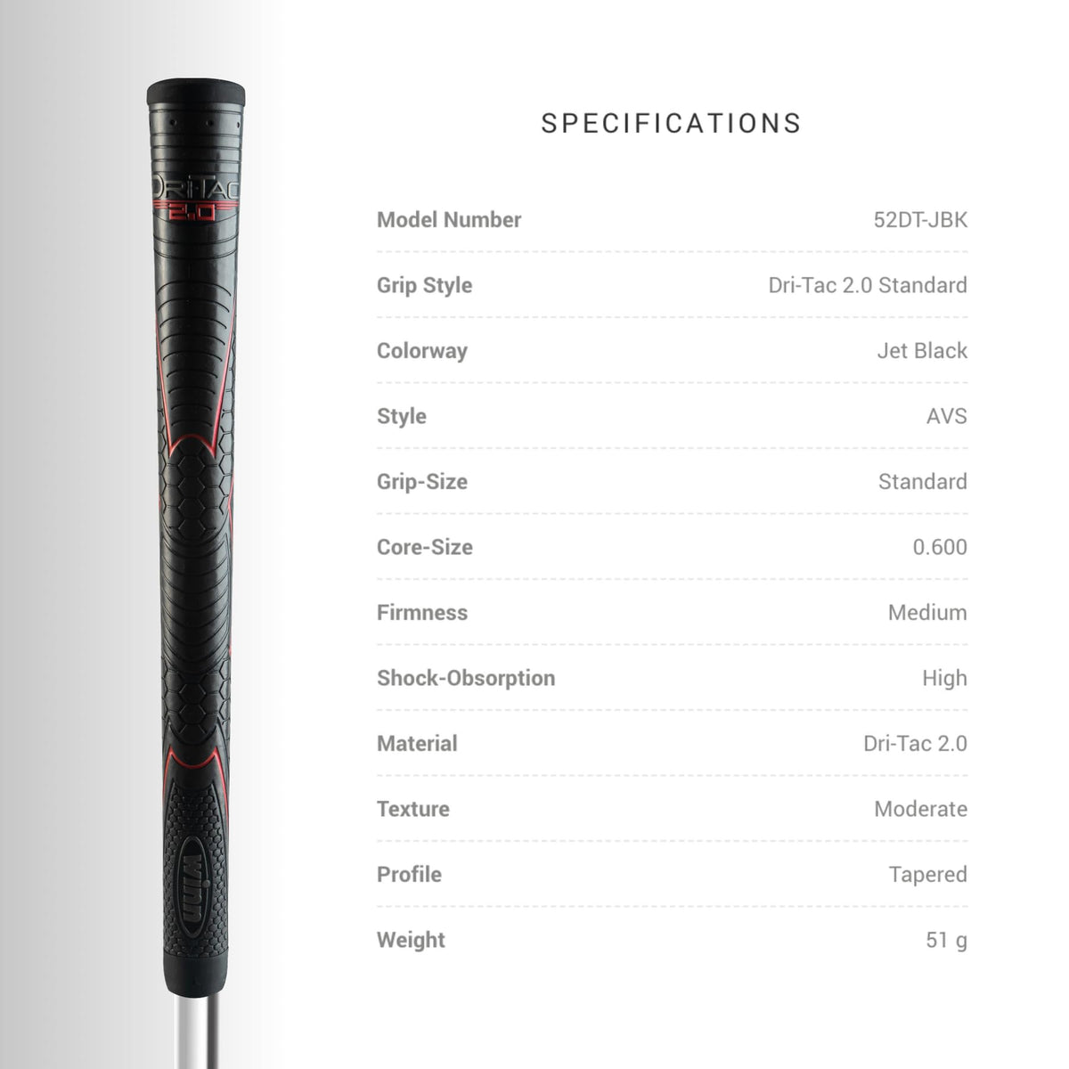 Winn Grips 52DT-JBK Dri-Tac 2.0 on a golf club demonstrates secure fit after installation.