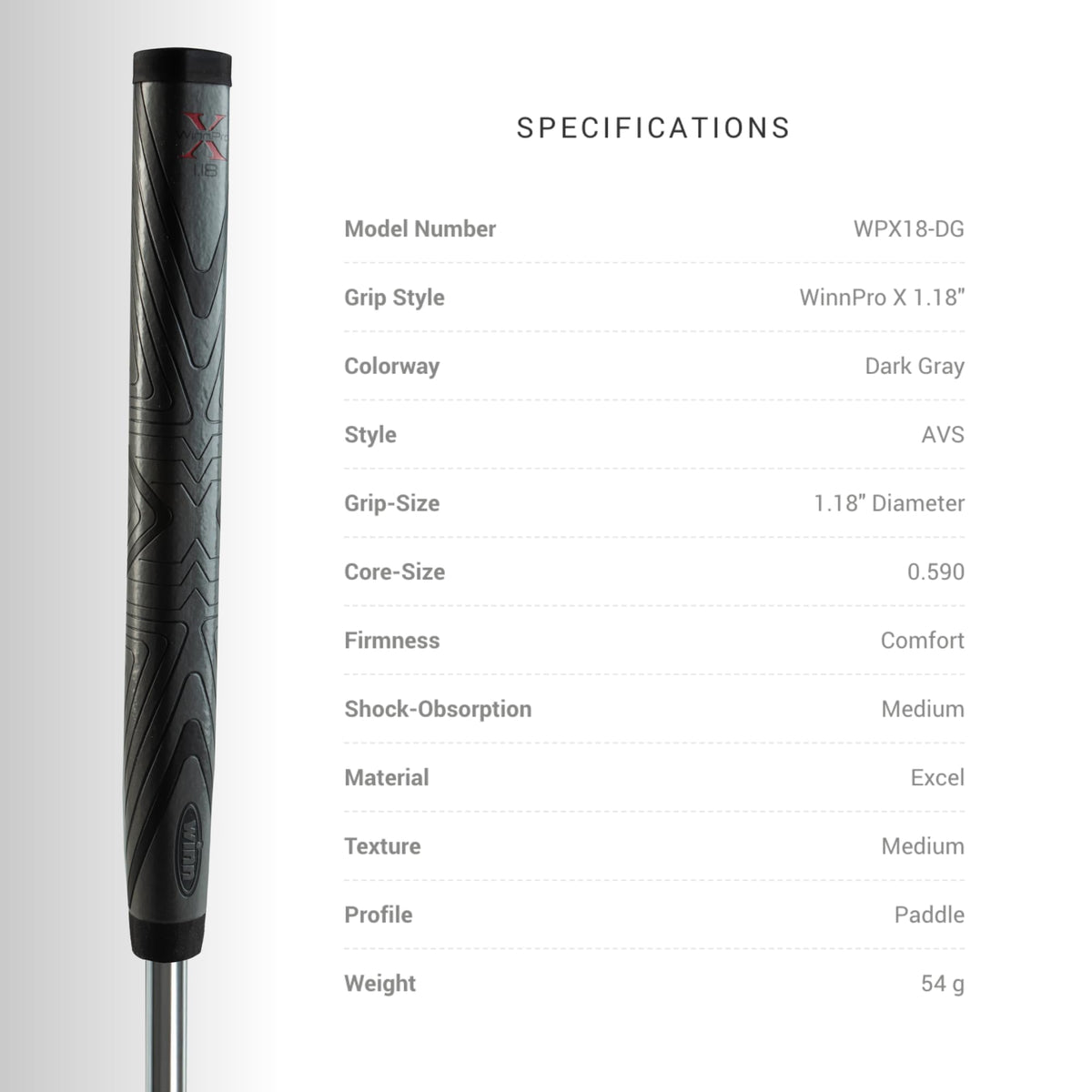 Winn Pro X 1.18 midsize grip offers comfortable control.