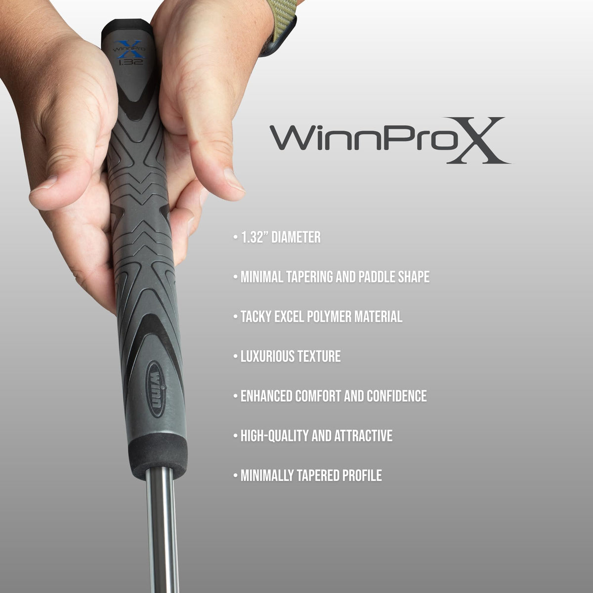 In-hand shot demonstrates secure grip for consistent contact on greens