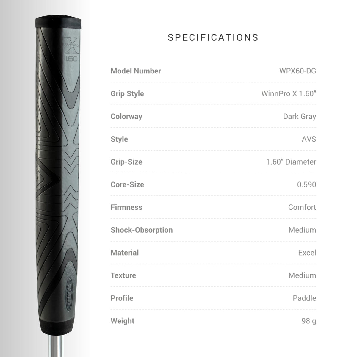 Winn Pro X 1.60 stabilizes the putting stroke with its paddle design.