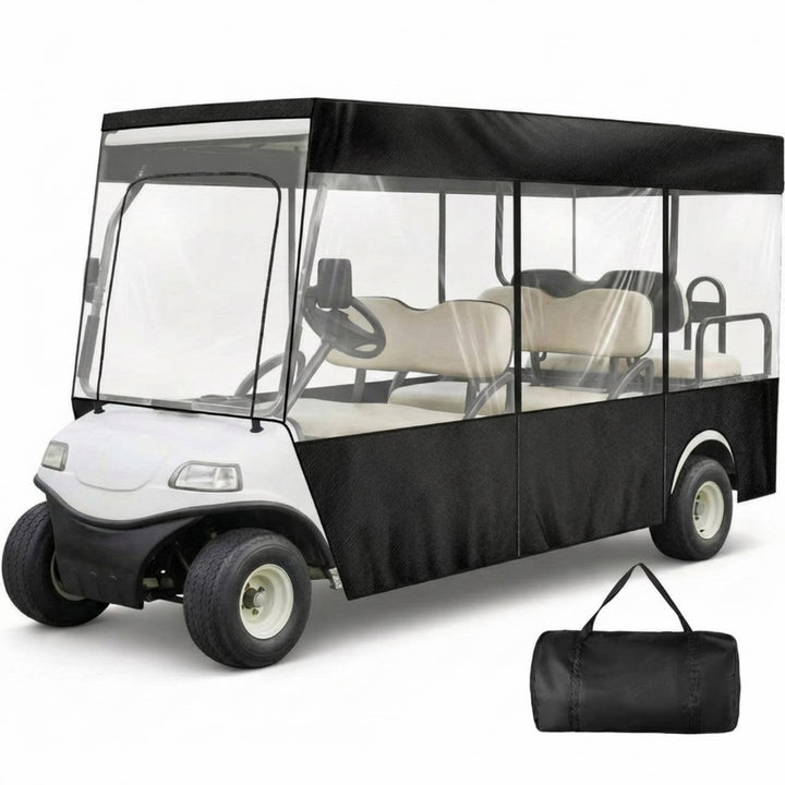 Woanger golf cart enclosure in full setup protects passengers from rain
