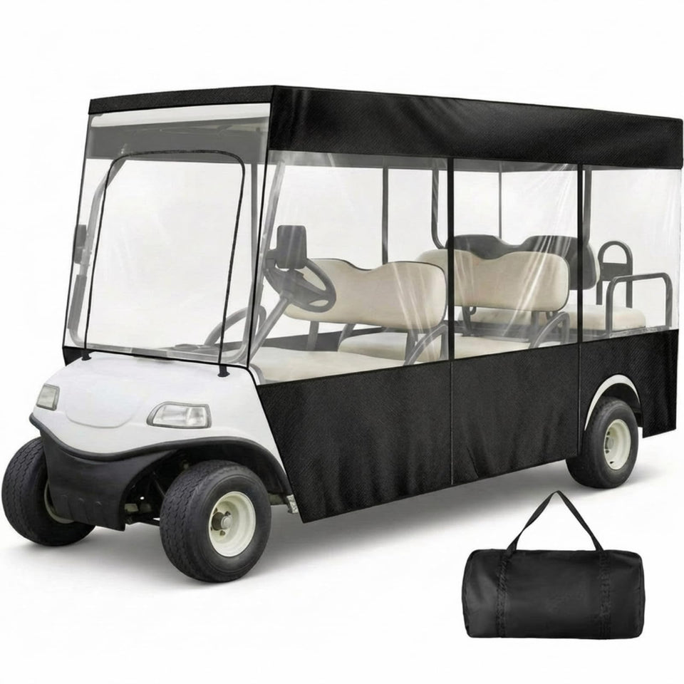 Woanger golf cart enclosure in full setup protects passengers from rain