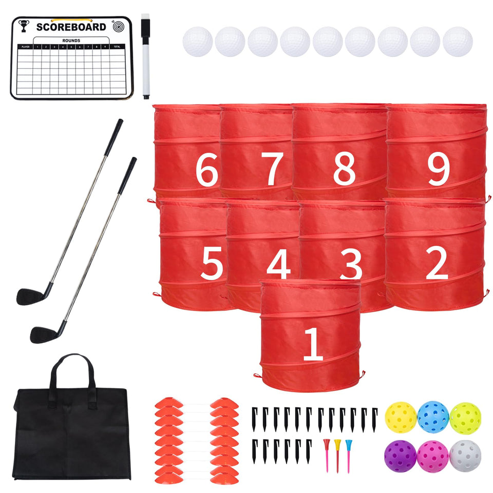 WodGod 9Pcs Backyard Golf Set with collapsible holes for quick family mini-golf fun.