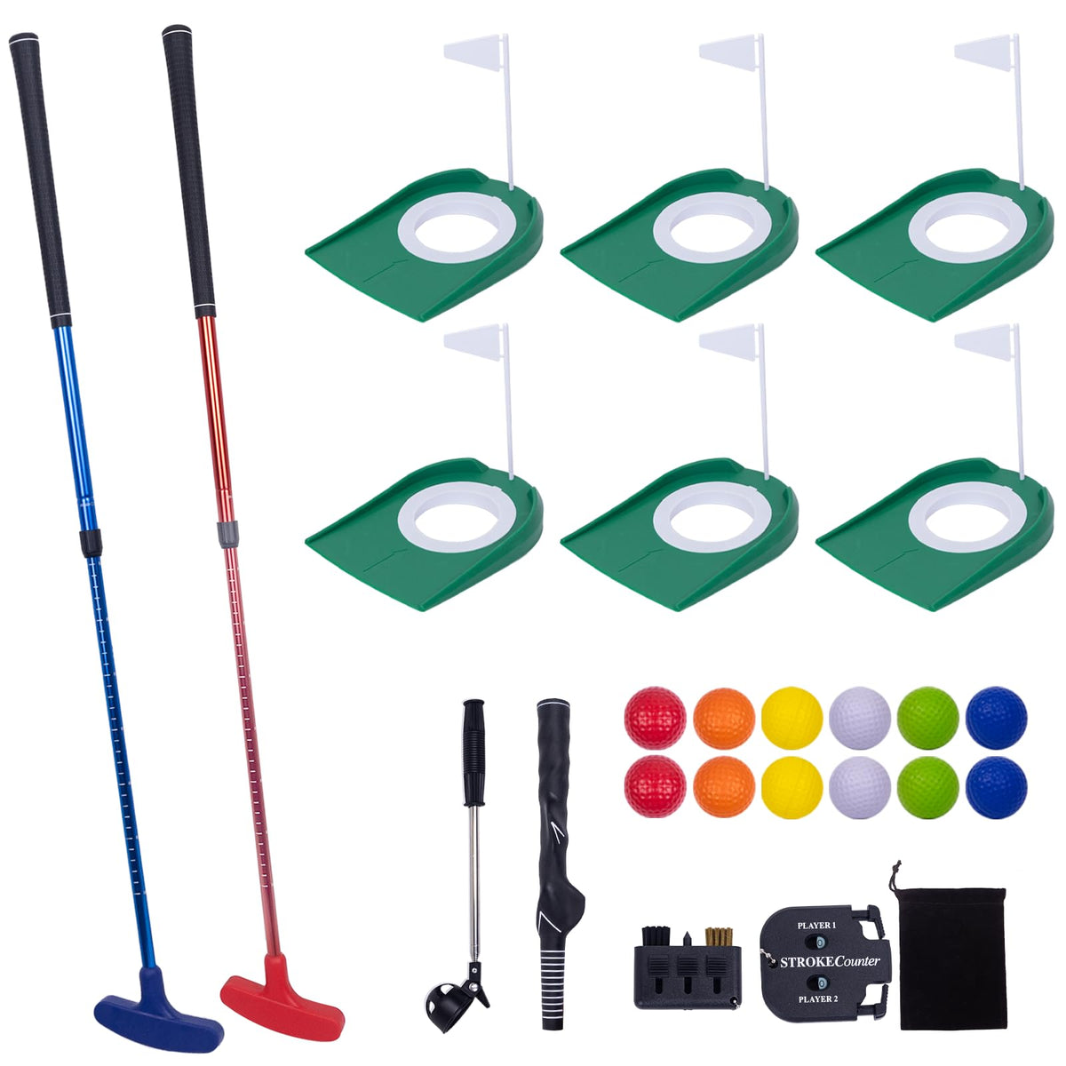 WodGod mini putting set with adjustable putters for both hands, ideal for home practice.