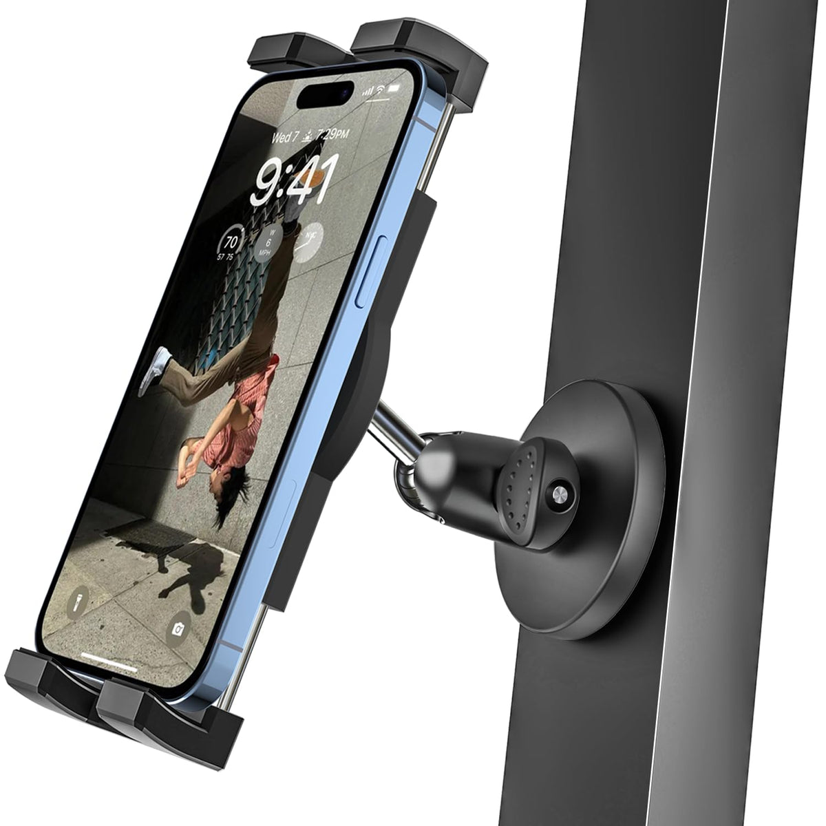 Woleyi gym magnetic phone holder with a strong base attached to metal for stability.