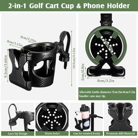 Wonderjune 2in1 golf cart accessory keeps beverages and phone within easy reach.