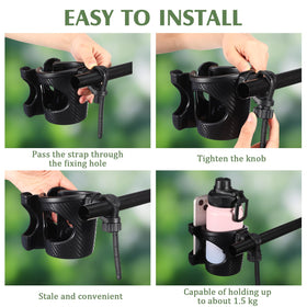 Wonderjune cup holder installation closeup shows strap-and-nut setup for tool-free fit.