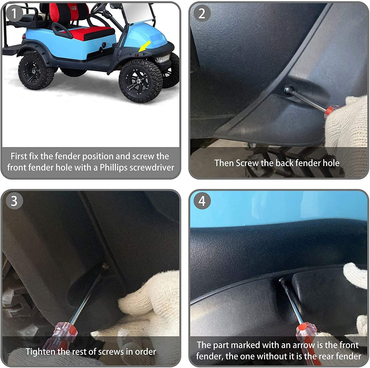 World 9.99 Mall EZGO RXV four-piece kit replaces damaged fenders.