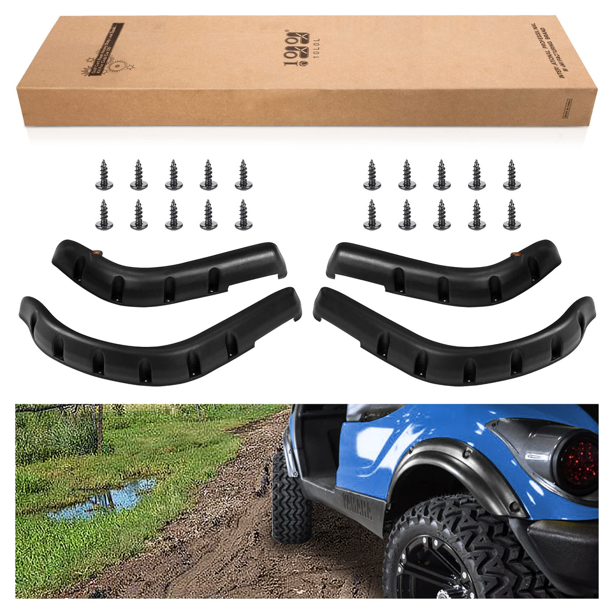 World 9.99 Mall EZGO RXV front left fender flare protects against rocks and mud.