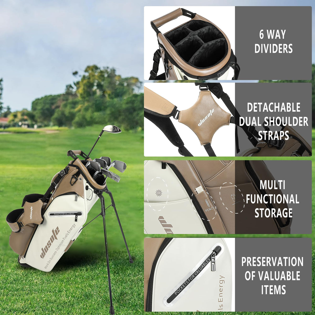 Wosofe eight-pocket layout for apparel, valuables, and beverages on course