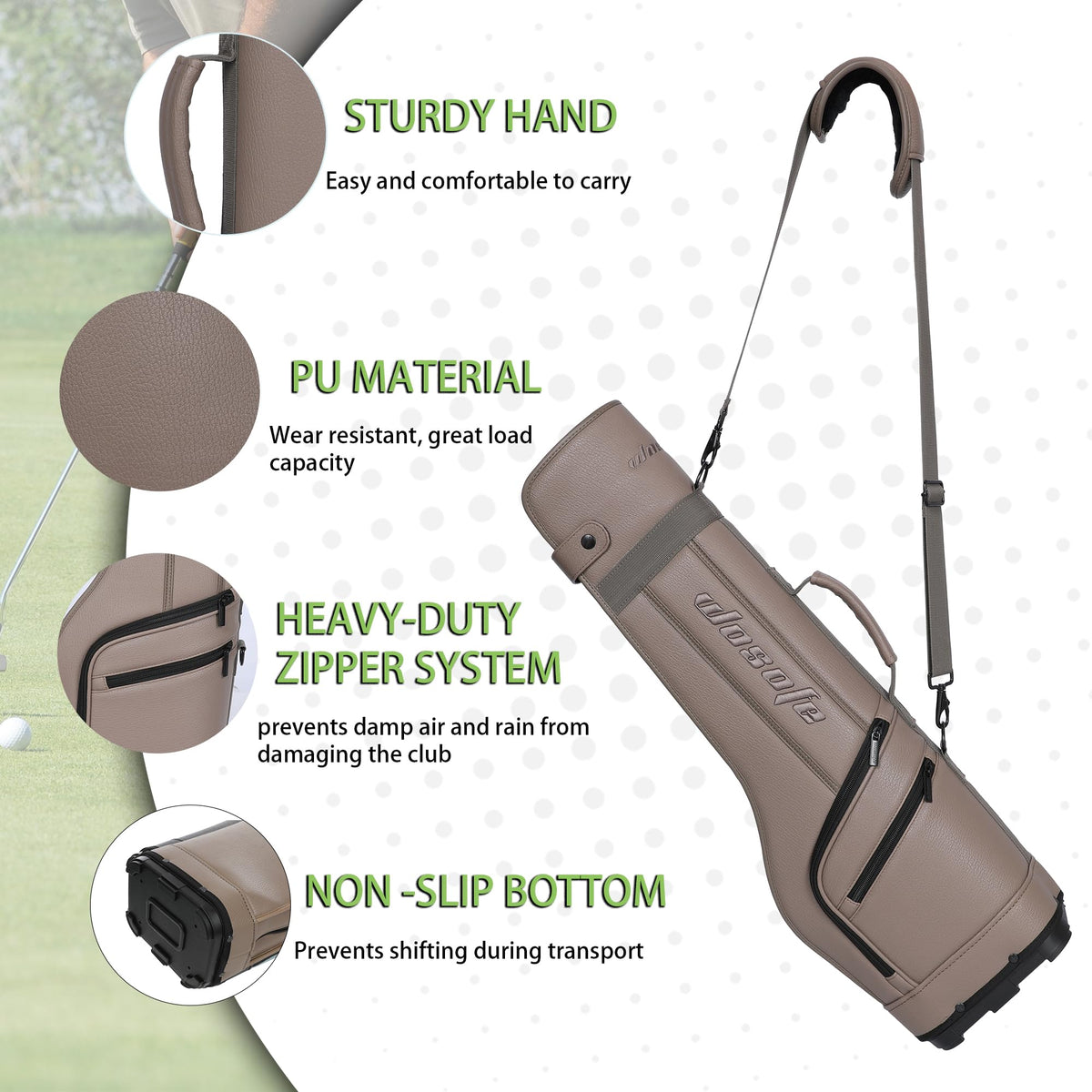 Wosofe bag’s large pockets organize gloves, balls, and tees on the course.