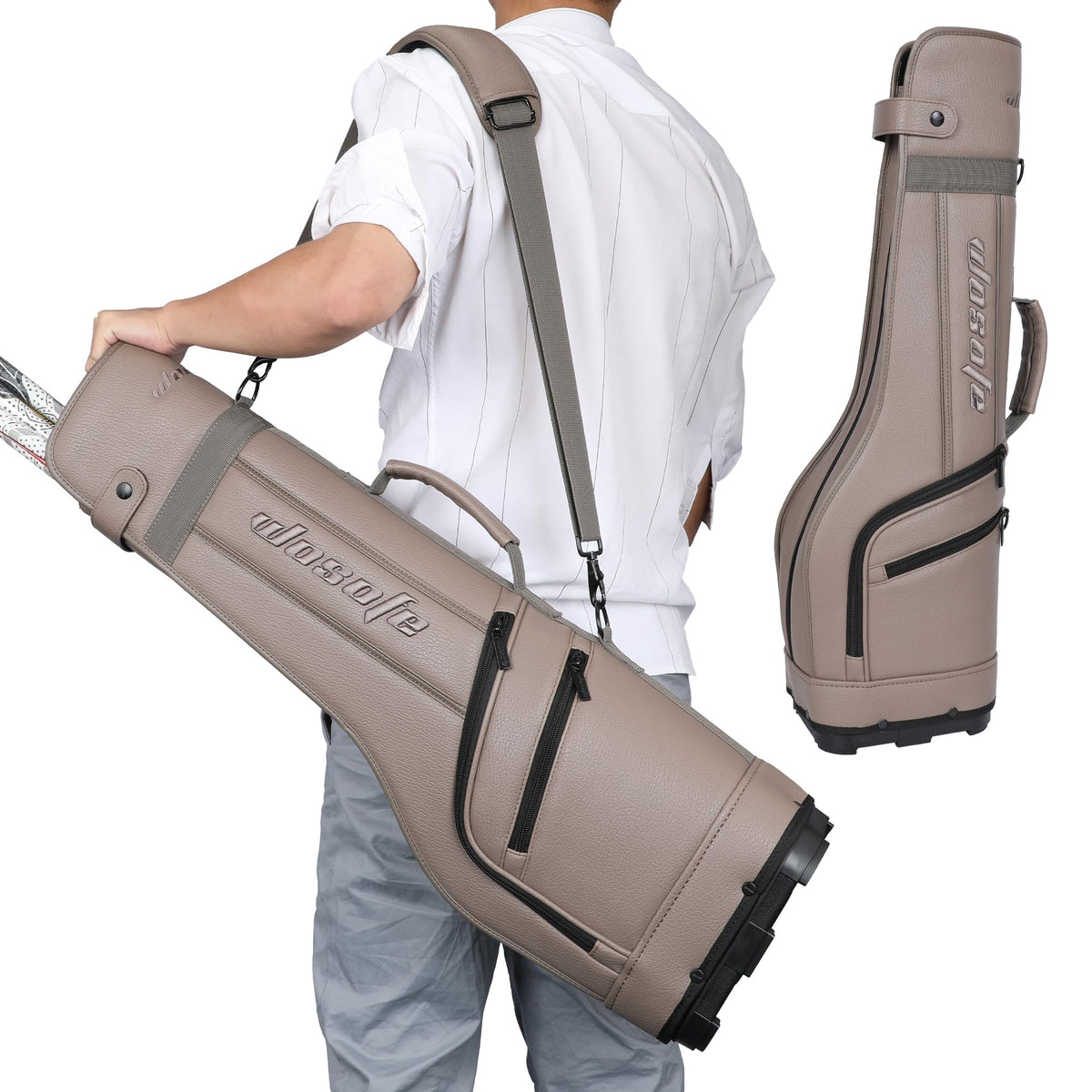 Wosofe golf carry bag in PU waterproof material protects clubs during travel.