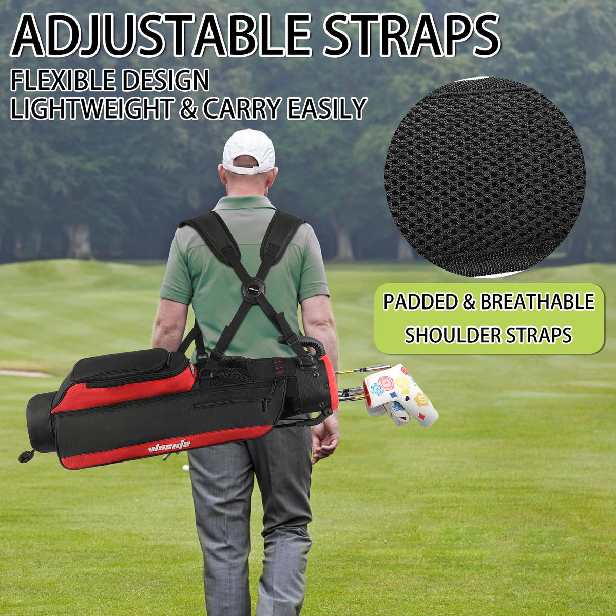 Wosofe tee strap and mesh pocket for quick access.