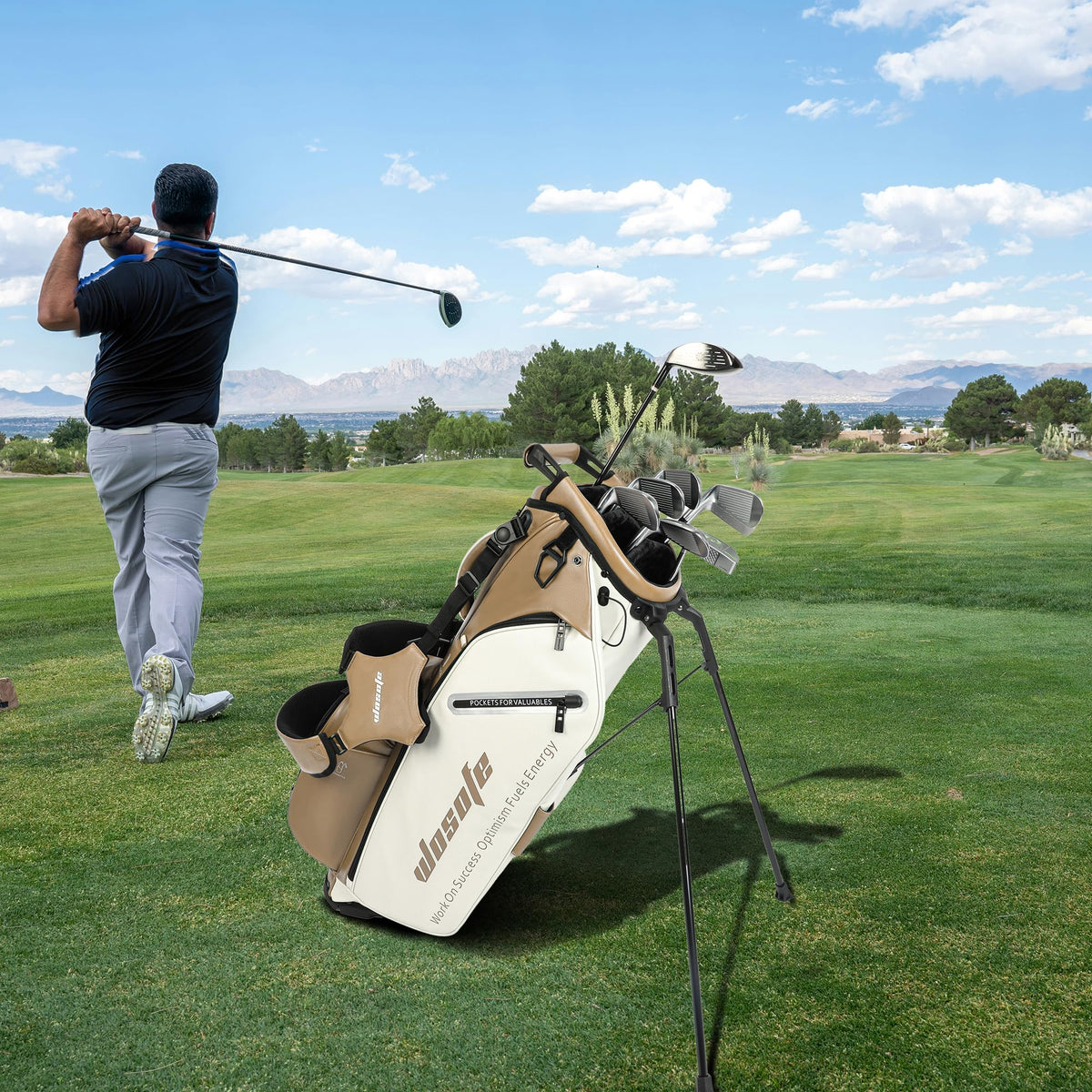 Wosofe khaki golf bag on green, matching outdoor golf attire