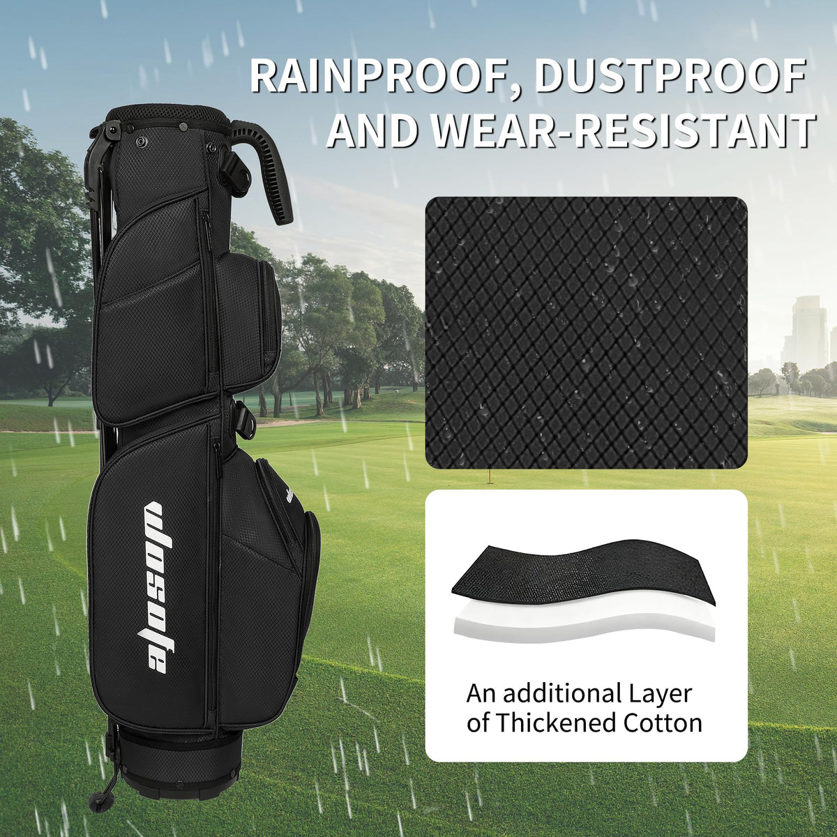 Wosofe bag with included rain cover to protect clubs in wet weather