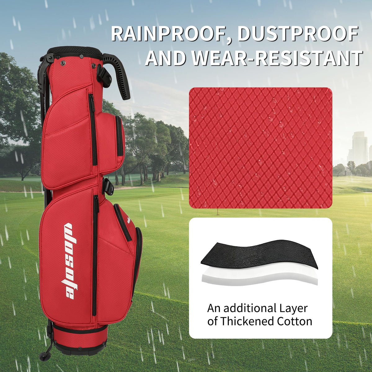 Wosofe waterproof fabric protects clubs during rain or splashes.