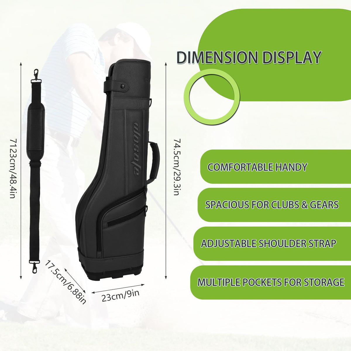 Wosofe PU material golf bag is lightweight and waterproof for travel.