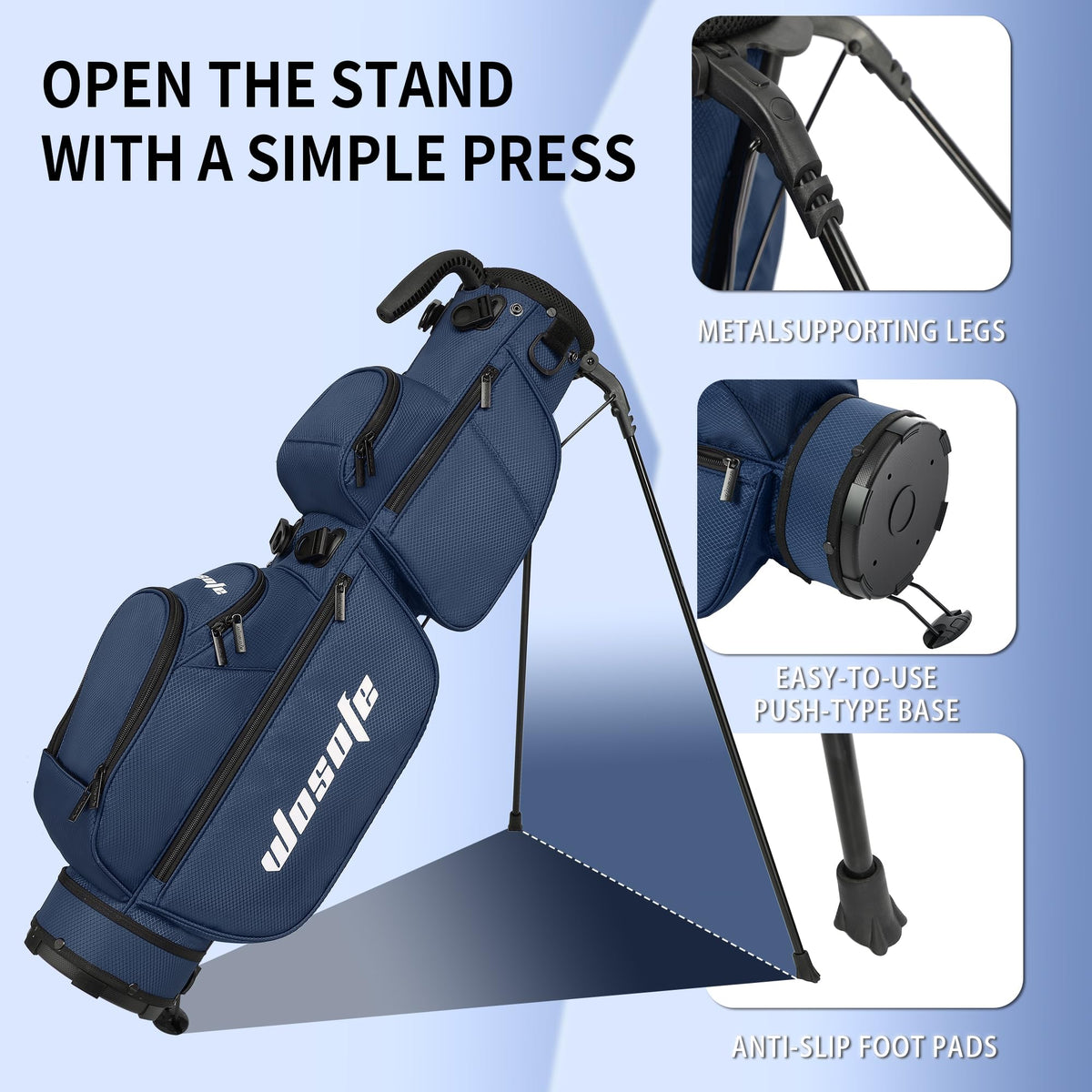 Reinforced triangular stand offers stable pitching on grass.