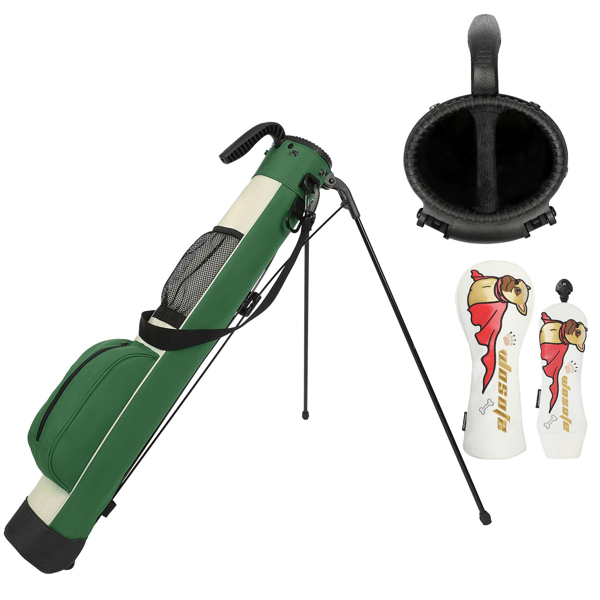 Wosofe ultra-lightweight stand bag with open top and 2-way divider for quick club access.