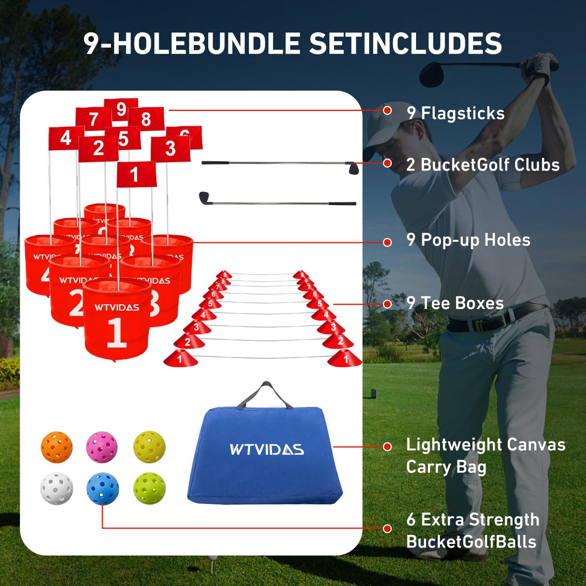 WTVIDAS golf buckets and flags tailored for outdoor play