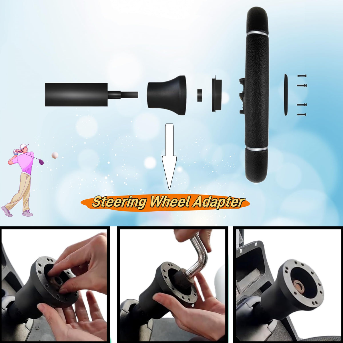 Illustration of easy 5 minute installation steps for the adapter