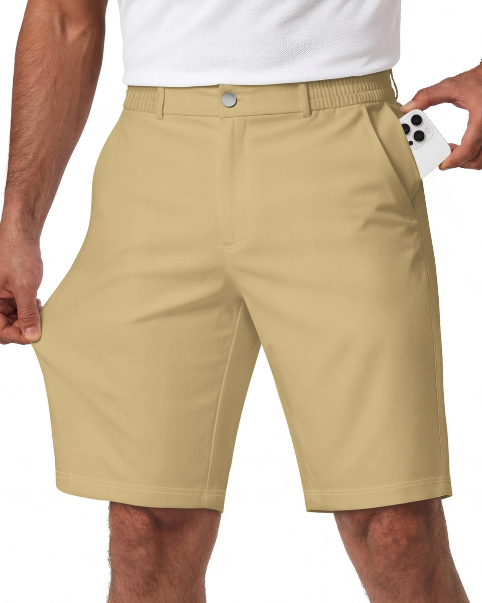 Wulcea 9-inch golf shorts front view for a clean silhouette and flexible fit.