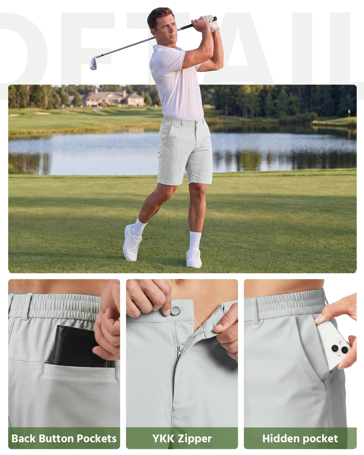 Wulcea 9-Inch golf shorts quick-dry fabric for moisture-wicking comfort.