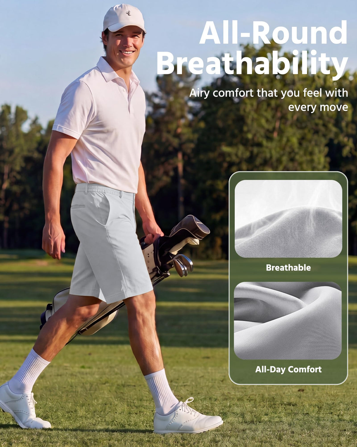 Wulcea 9-Inch golf shorts fabric close-up showing water-repellent coating.