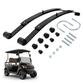 WUTIST heavy-duty rear leaf spring kit components laid out for EZGO RXV installation, ready for heavy loads