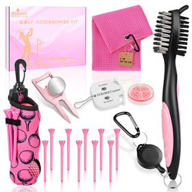 Wynaura 17-piece golf essentials kit in hot pink with organized on-course gear for quick access.