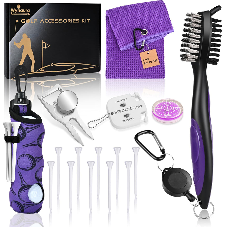 Wynaura 17-piece golf kit purple towel for on-course cleanups