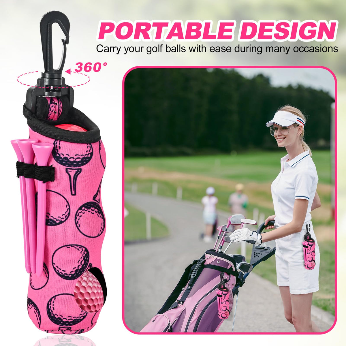 Wynaura golf ball bag with hook keeps balls and essentials accessible.
