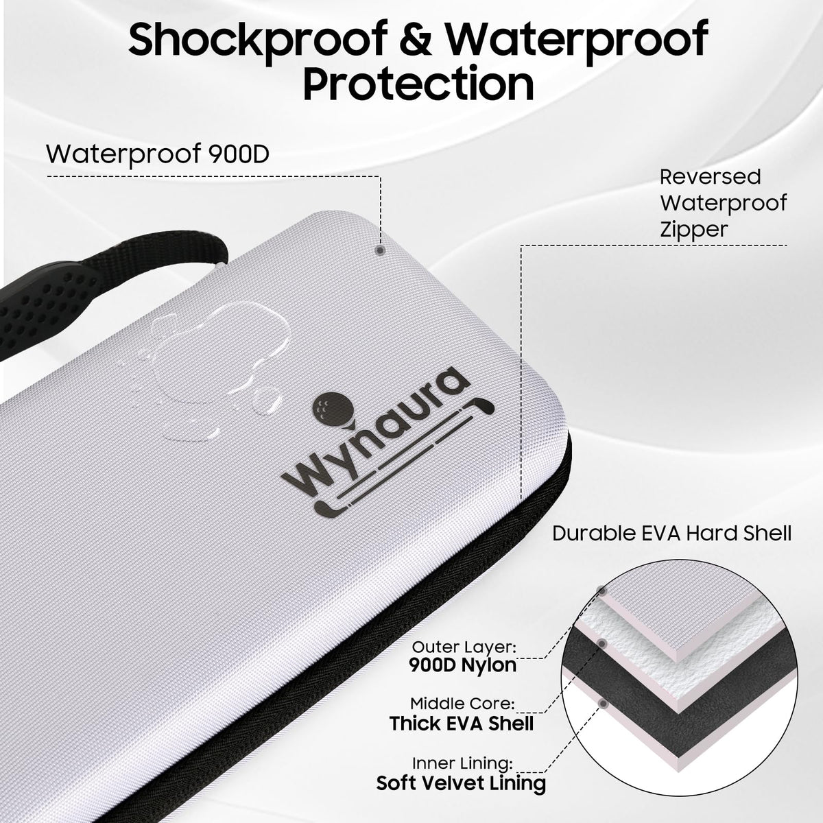 Wynaura golf case stores up to 10 balls for quick access.