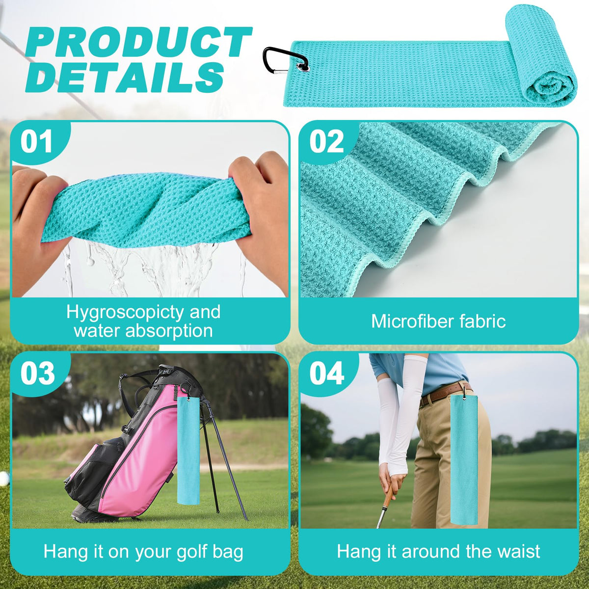 Wynaura teal golf towel absorbs moisture quickly for fast cleanups on the course