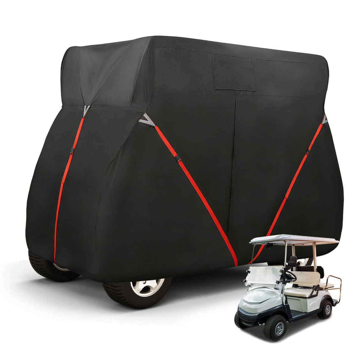 X AUTOHAUX golf cart cover in 4/2+2 size protects carts with precise 112x48x66 dimensions.