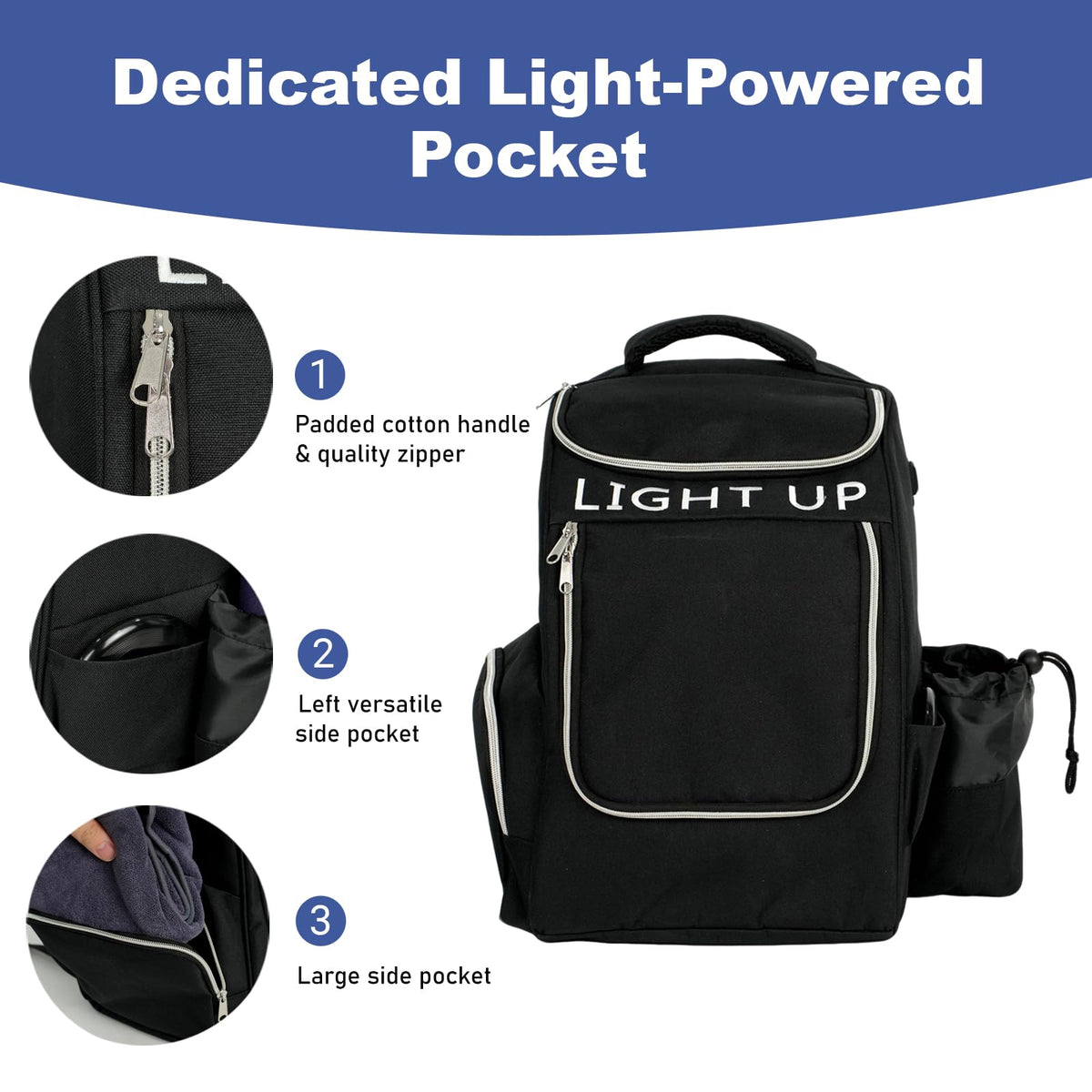 X-UFO Disc Golf Backpack vertical charging slot enables hands-free use